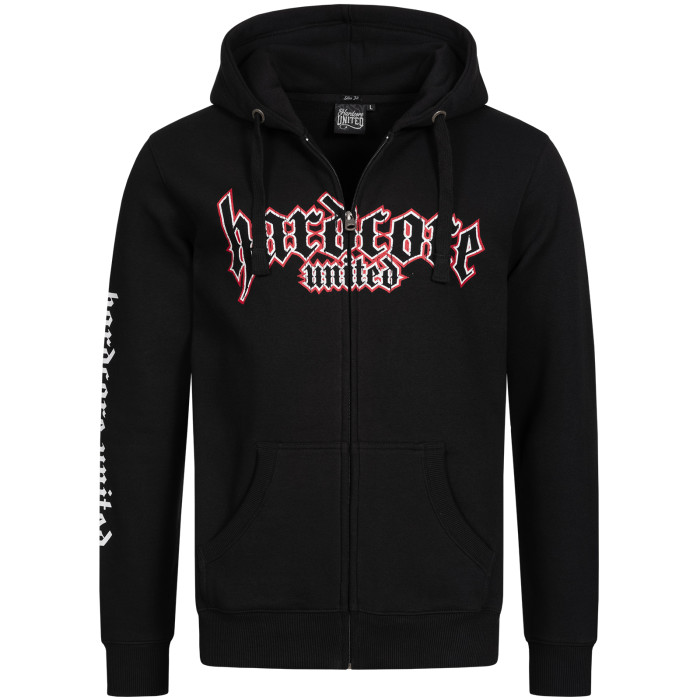 Hardcore United hooded zipper goth logo print red outline | zwart