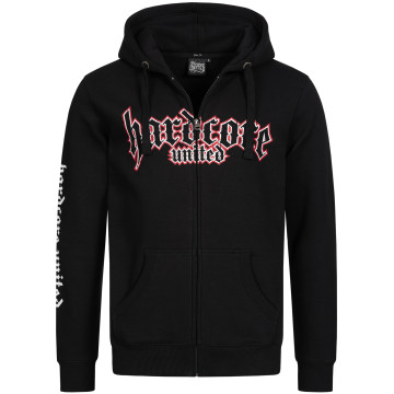 Hardcore United hooded zipper goth logo print red outline | zwart