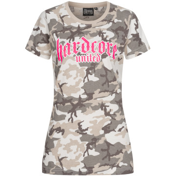 Hardcore United dames T-shirt roze goth logo print | camou grey
