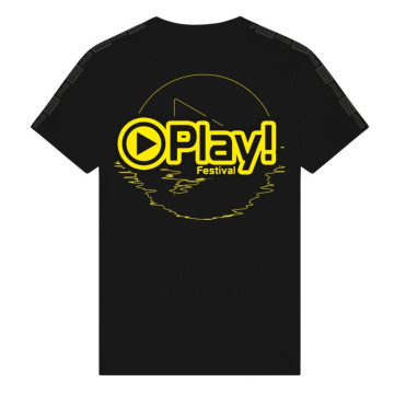 Play! events t-shirt met schouderbies en geel logo | zwart